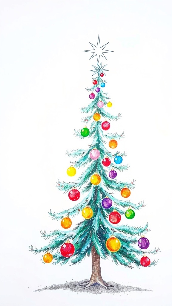 Festive Christmas Tree Sketch Recipe A festive Christmas tree sketch with ornaments and a star on a light blue background.